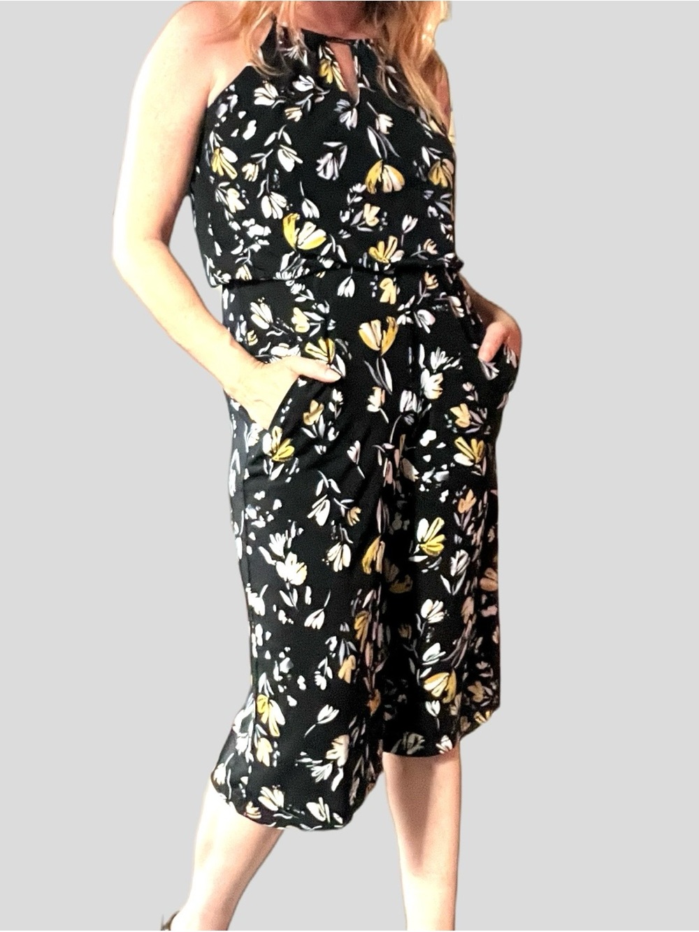 London Times Black Halter Floral Jumpsuit with Yellow & White Accents